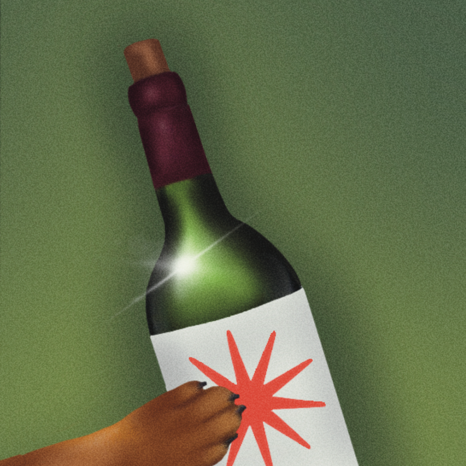 An illustrated paw holding a large green wine bottle with a red star label, against a soft green background.