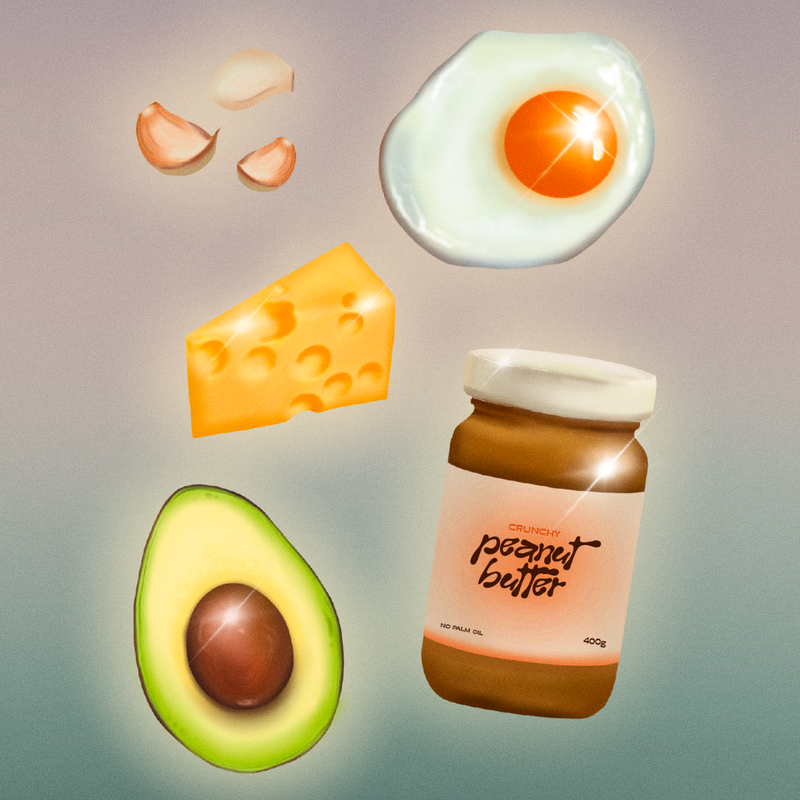 Illustrated floating foods often misunderstood as unsafe for dogs — garlic, fried egg, cheese, avocado and a jar of crunchy peanut butter — on a soft gradient background.