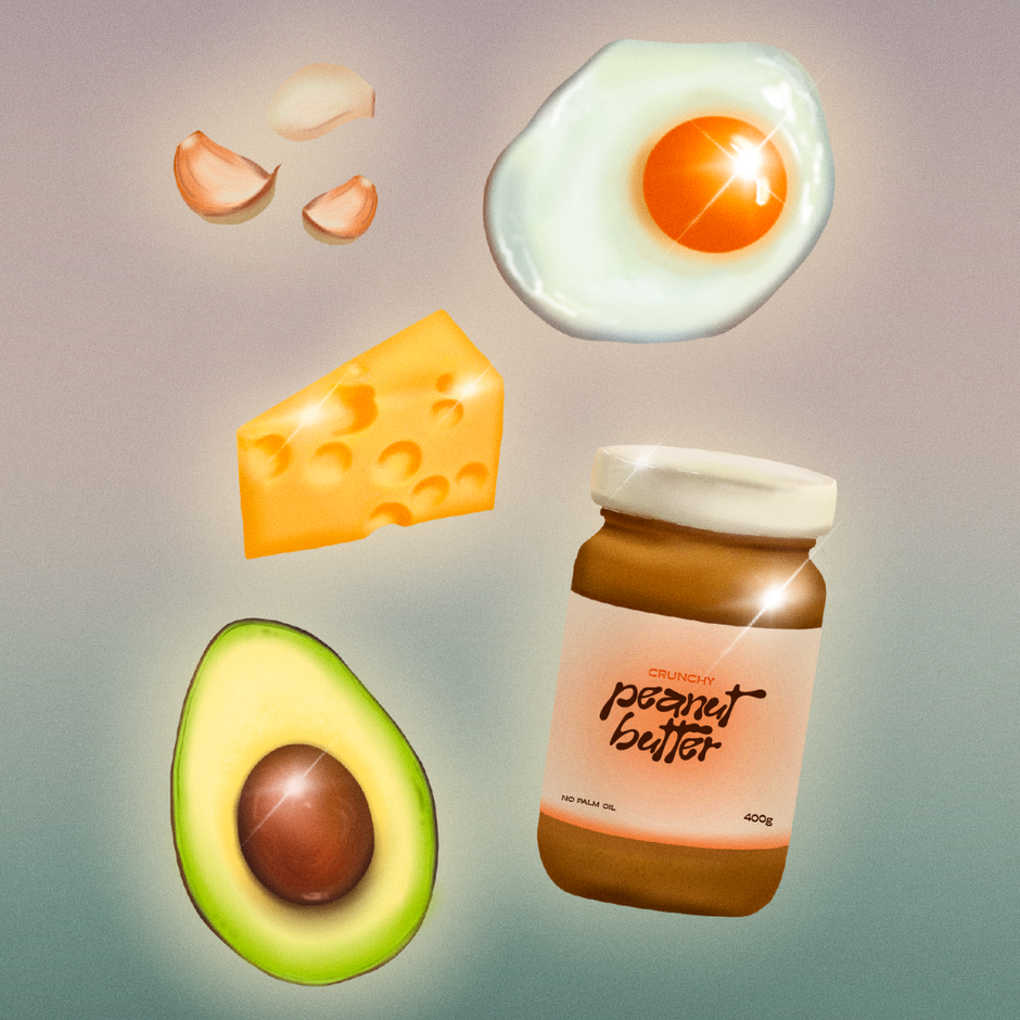 Illustrated floating foods often misunderstood as unsafe for dogs — garlic, fried egg, cheese, avocado and a jar of crunchy peanut butter — on a soft gradient background.